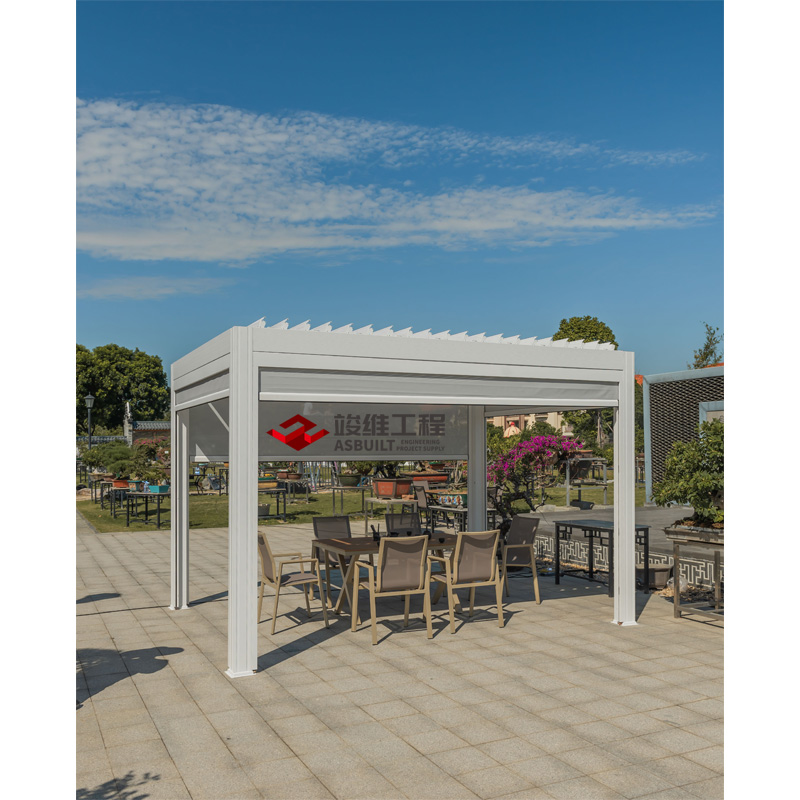 Prefab Pavilion With Electric Curtain, Aluminum Gazebo With Sunshade, Garden Kiosk With Roller Blind